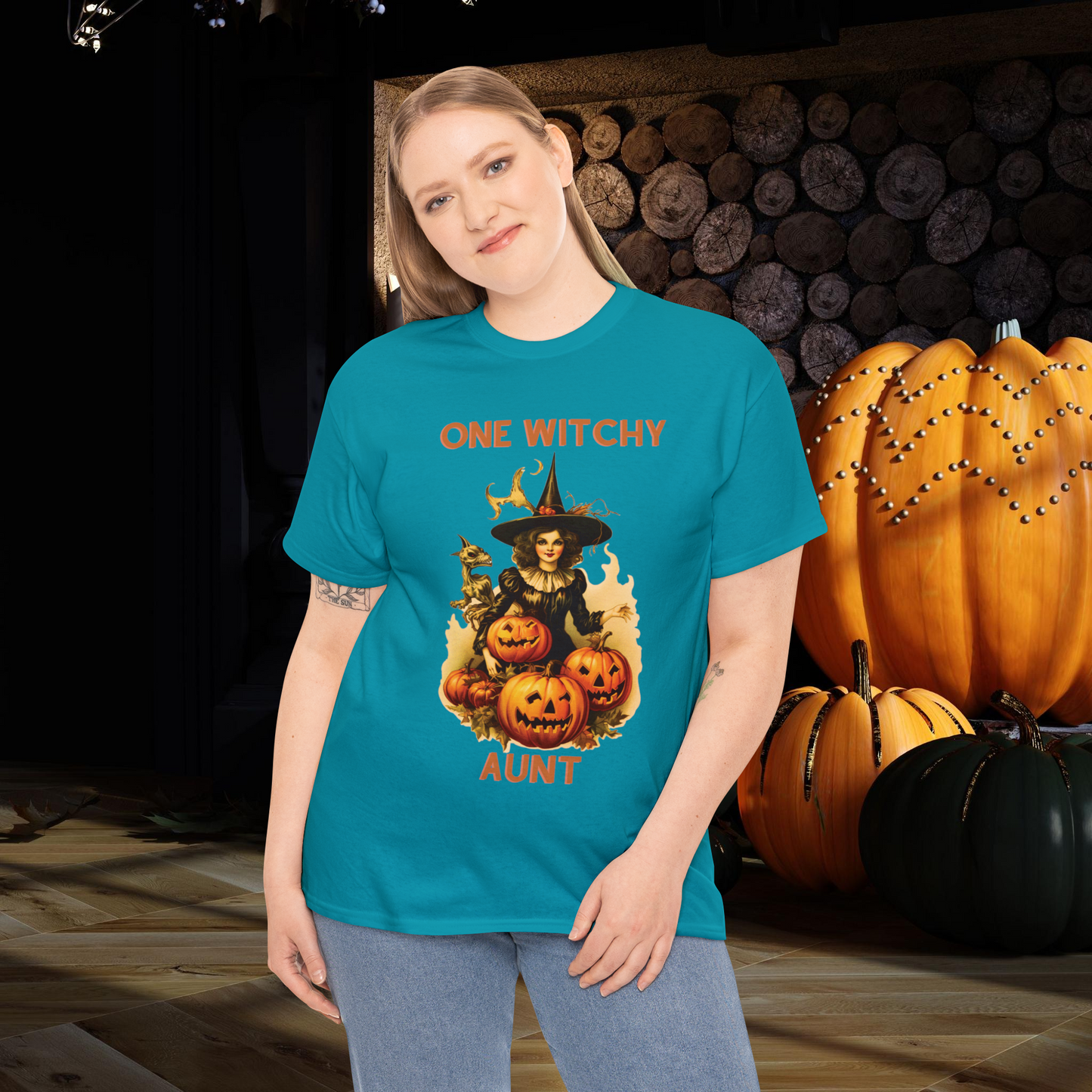 One Witchy Auntie Cotton T-Shirt - Cool Aunt, Aunt Halloween, Perfect Gift for Aunts T-Shirt   