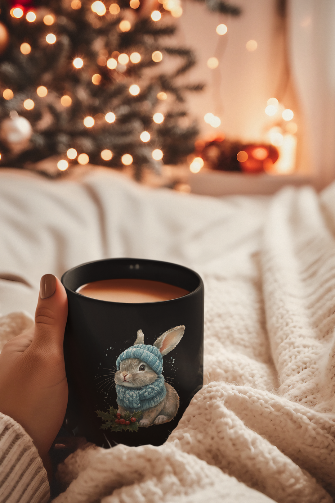 Cute Winter Watercolor Bunny Black Mug
