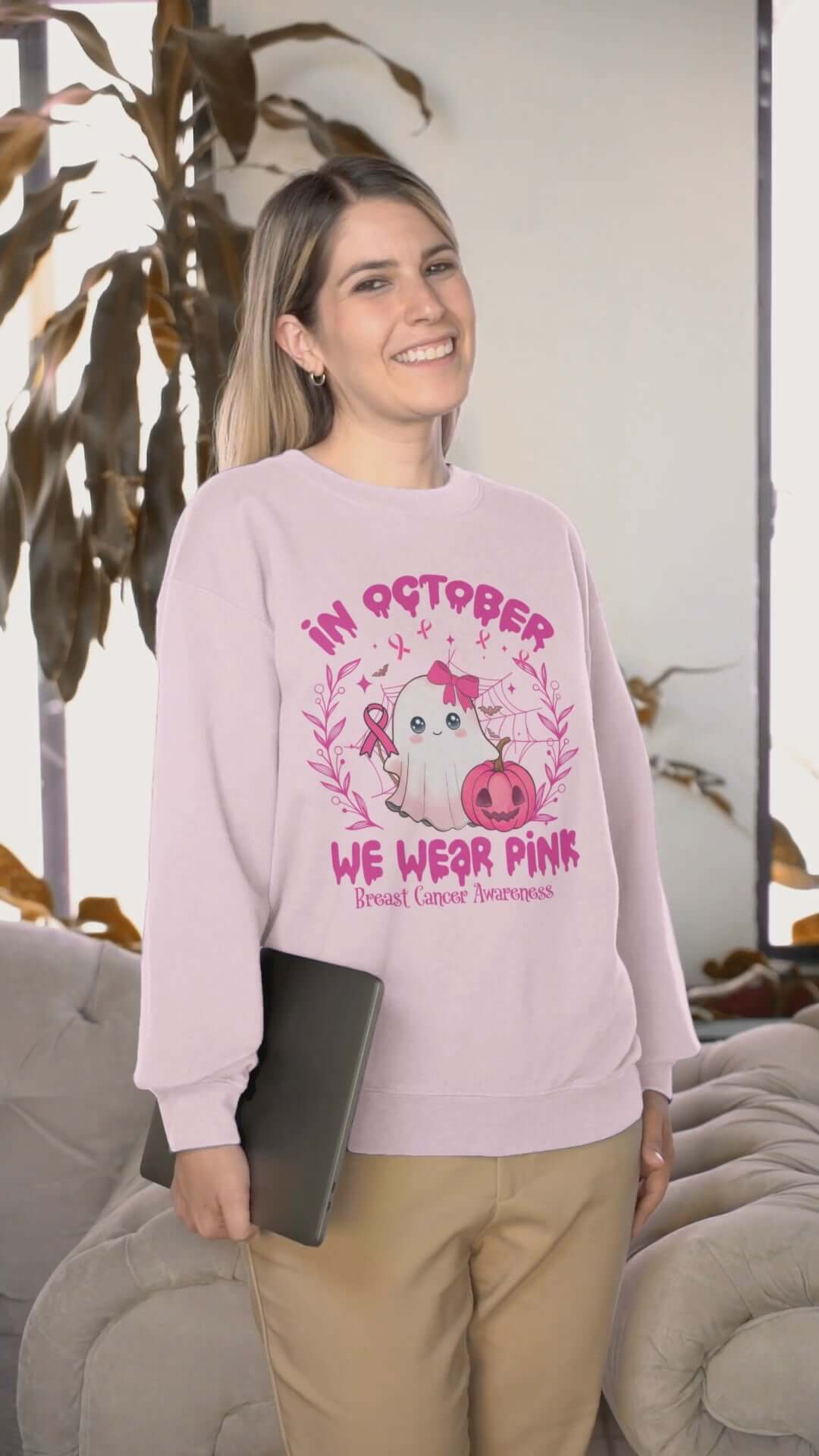 Cute Spooky Ghost Breast Cancer Support "In October We Wear Pink" Sweatshirt Sweatshirt Printify