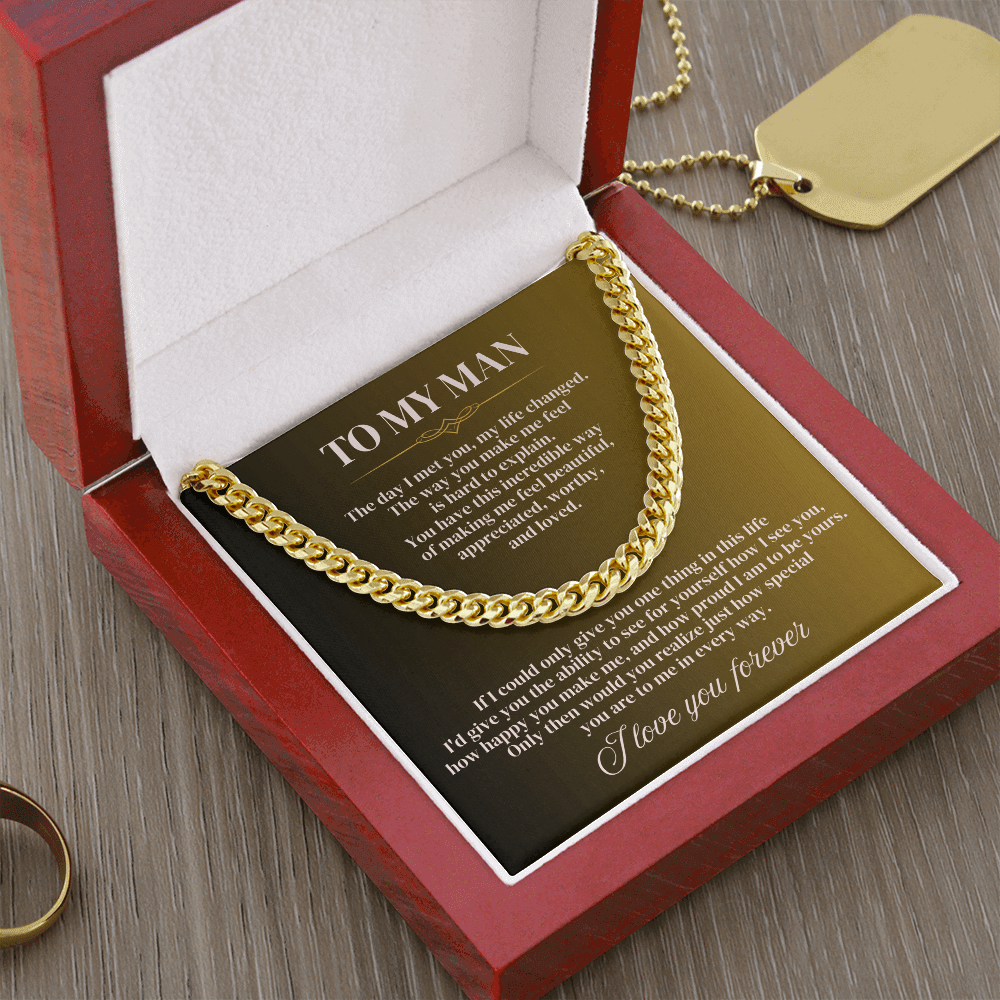 5mm Cuban Link Chain For Husband displayed in a luxurious gift box with heartfelt message card.