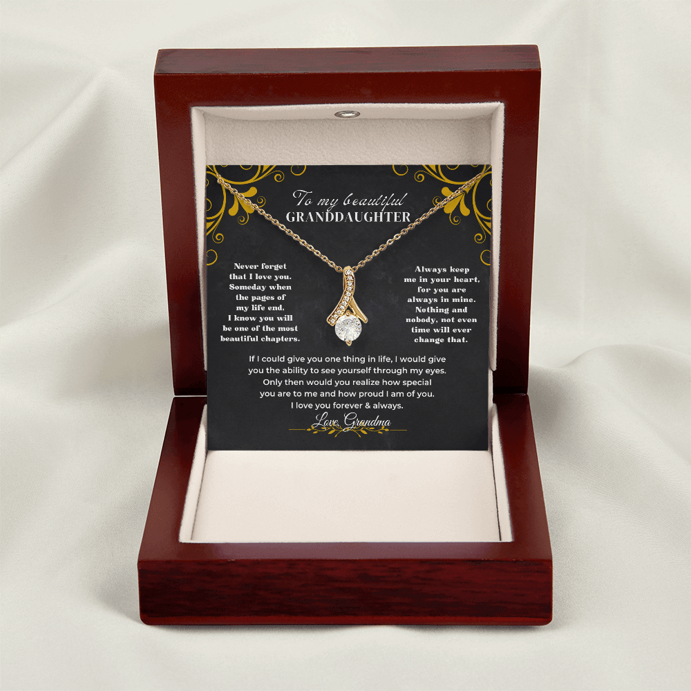 alluring beauty necklace gift for granddaughter displayed in a jewelry box with heartfelt note.