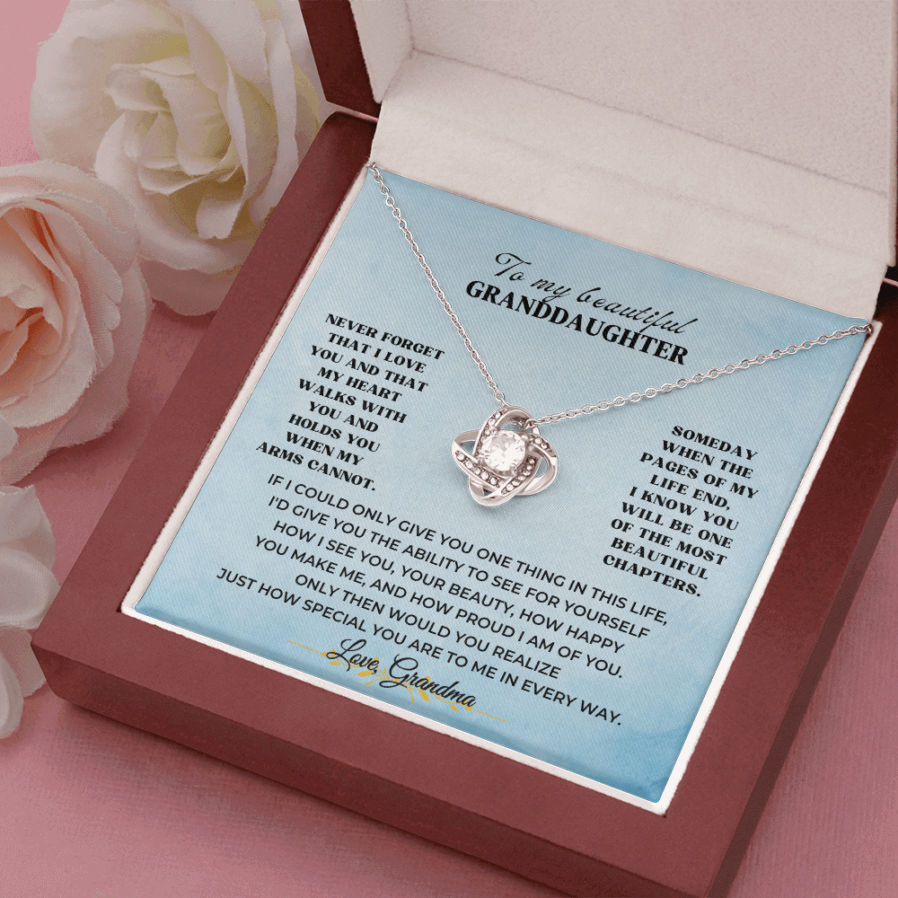 To My Beautiful Granddaughter Love Knot Necklace, sentimental grandparents to granddaughter appreciation keepsake in gift box.
