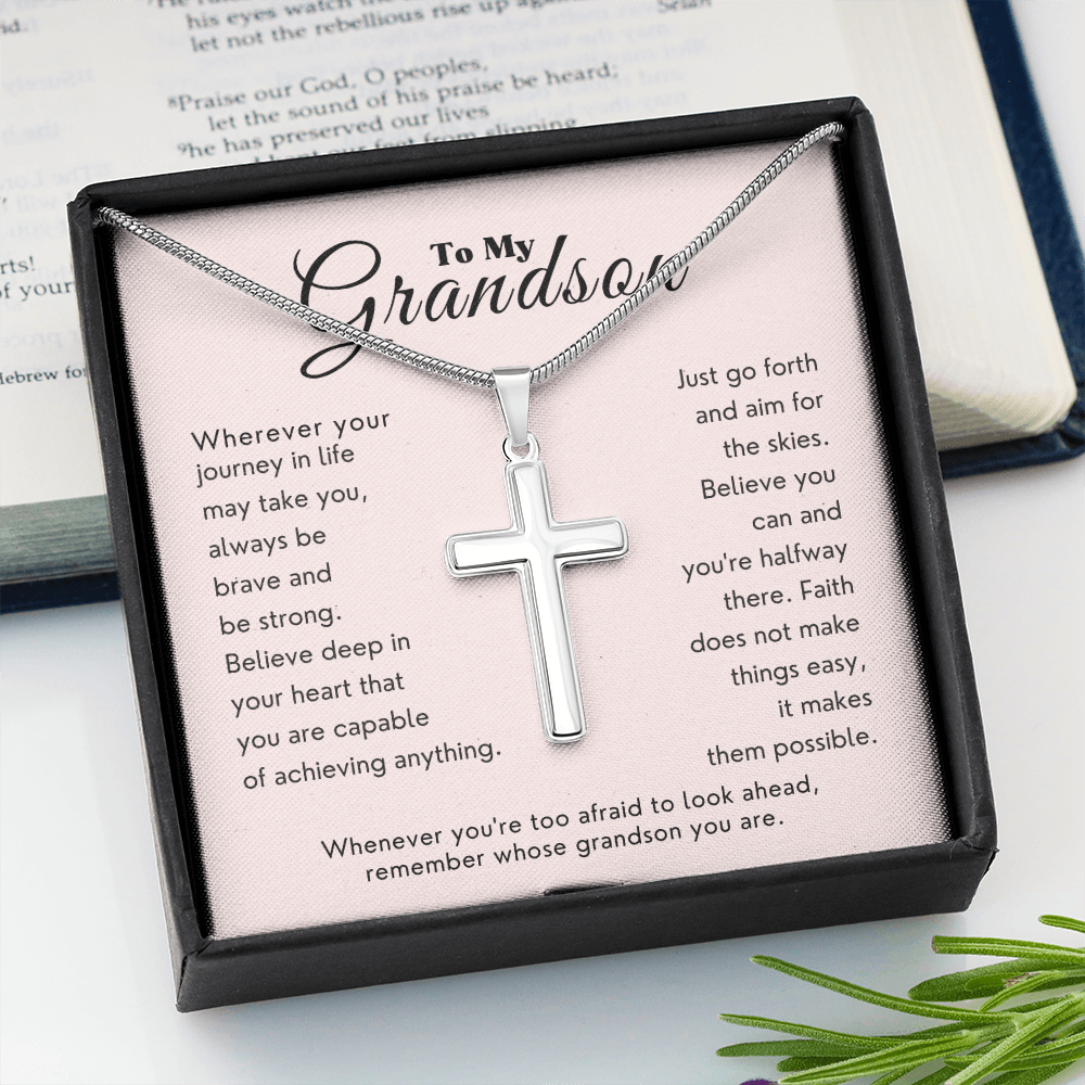 Stainless steel cross necklace in gift box with message for grandson, meaningful grandson gift for graduation or birthday.