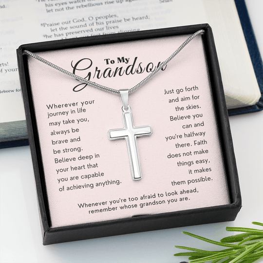 Stainless steel cross necklace in gift box with message for grandson, meaningful grandson gift for graduation or birthday.