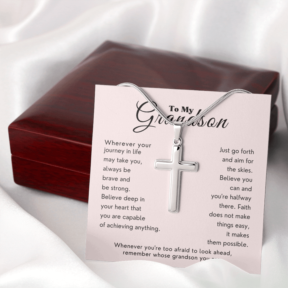 To My Grandson "Brave & Strong" Stainless Steel Cross Necklace - meaningful grandson gift for graduation or birthday.