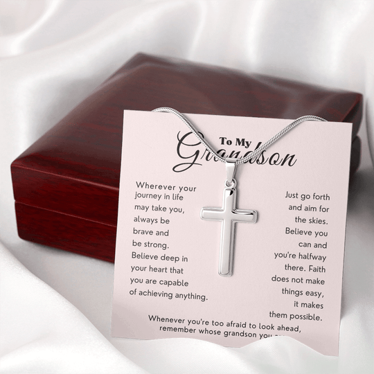 To My Grandson "Brave & Strong" Stainless Steel Cross Necklace - meaningful grandson gift for graduation or birthday.