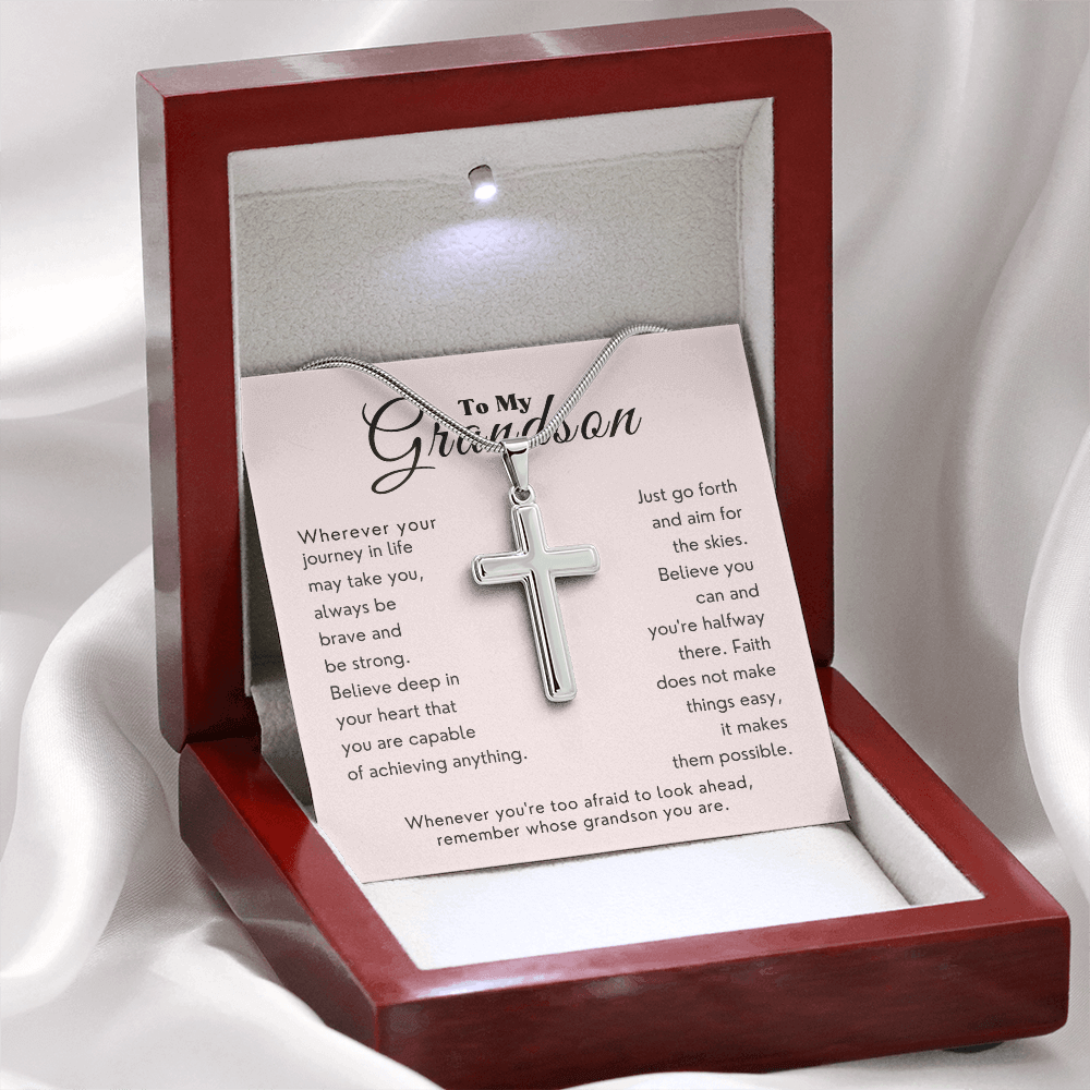 To My Grandson stainless steel cross necklace in a gift box, a meaningful grandson gift for graduation or birthday.