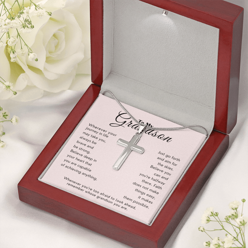 To My Grandson "Brave & Strong" Stainless Steel Cross Necklace in a gift box, meaningful grandson gift for graduation or birthday.