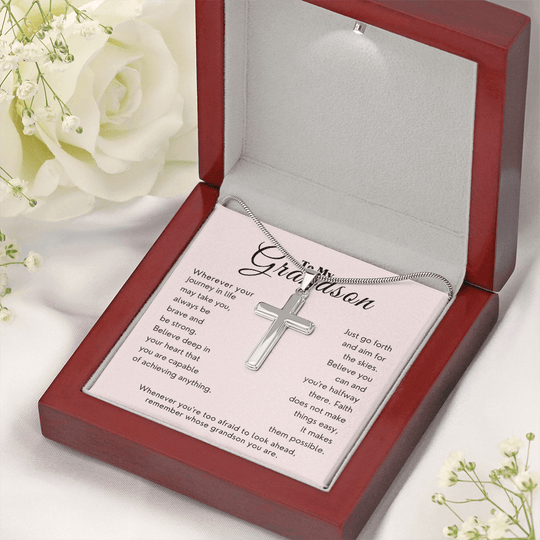 To My Grandson "Brave & Strong" Stainless Steel Cross Necklace in a gift box, meaningful grandson gift for graduation or birthday.